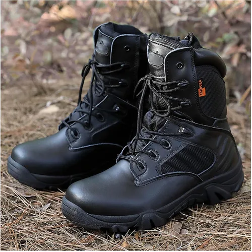 Vista 7 de Botas tácticas para hombre, botas de combate de 8 pulgadas, botas de trabajo para hombres, duraderas con cremallera lateral, botas militares