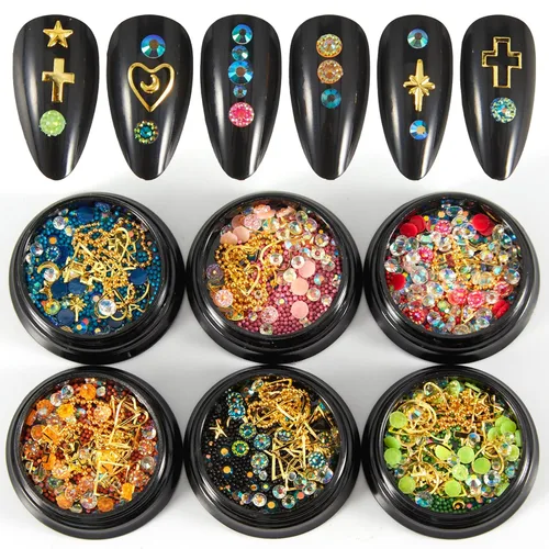 Vista 12 de 6 cajas de dijes de uñas 3D dorados, dijes de arte de uñas con parte trasera plana, joyas de diamantes de imitación para uñas, gemas de uñas