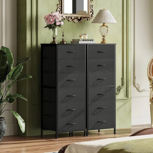 Vista 2 de WLIVE Cómoda Alta Negra para Dormitorio, Cómodas y Arcones de 6 Cajones, Cómoda de Tela para Closet, Sala de Estar, Mesa de Noche con Marco