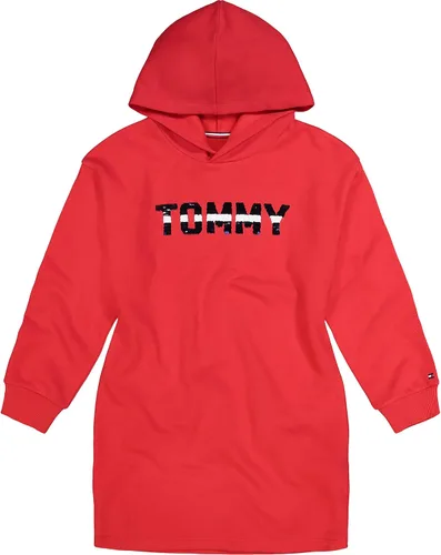 Vista 2 de Tommy Hilfiger Vestido de sudadera con capucha para niña, sudadera con capucha de forro polar de manga larga con divertidos estampados y diseños