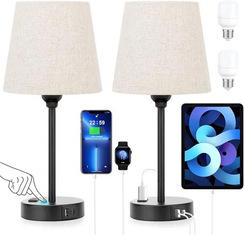 Vista 8 de Mini Lámparas de Mesita de Noche para Dormitorios Juego de 2 - Lámparas de Mesita de Noche para Dormitorio con Puerto USB C y Toma de Corriente AC