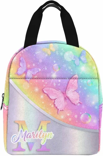 Vista 24 de InterestPrint Bolsa de almuerzo con nombre personalizado para hombres y mujeres, diseño de mariposa rosa y azul personalizada, caja de almuerzo
