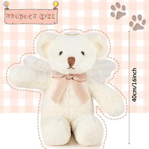 Vista 3 de Sratte Oso de ángel de peluche de 16 pulgadas con alas y lazo suave y lindo juguete de peluche para niños y niñas, cumpleaños, baby shower, bautizo