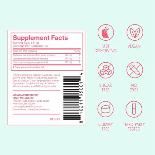 Vista 7 de Love Wellness Energy* Tiras de derretimiento rápido - Apoyo de energía de disolución rápida con cafeína natural y botánicos - Promueve
