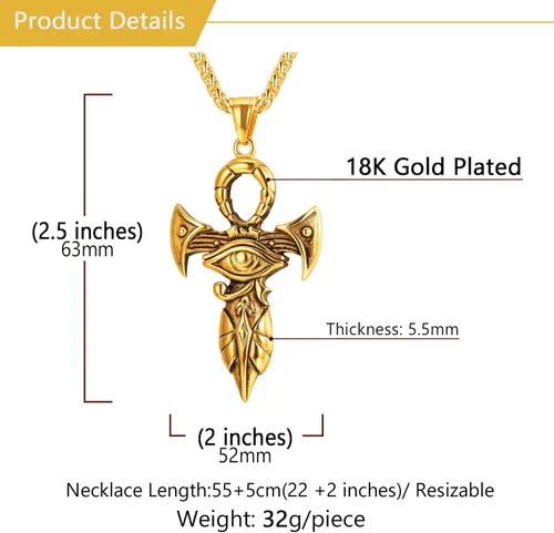 Vista 6 de U7 Horus Necklaces for Men Women, Stainless SteelBlackGold Plated Ankh Cross Egyptian Symbol Jewelry, Eye of Horrus Pendant with 22 Inch Chain