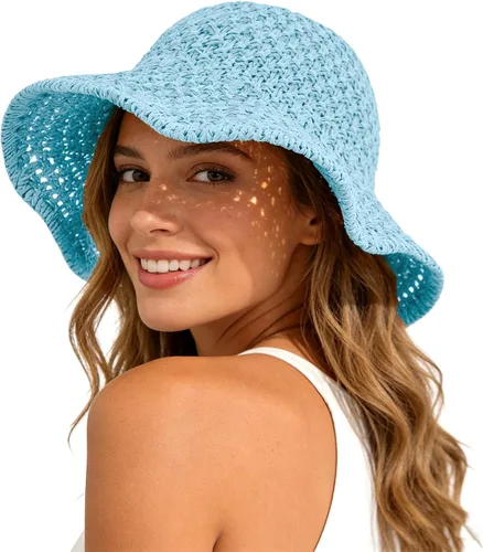 Vista 10 de Sombrero de playa para mujer, sombrero de paja para verano, protección UV, plegable, transpirable, estilo de ganchillo caqui (1pack-khaki)