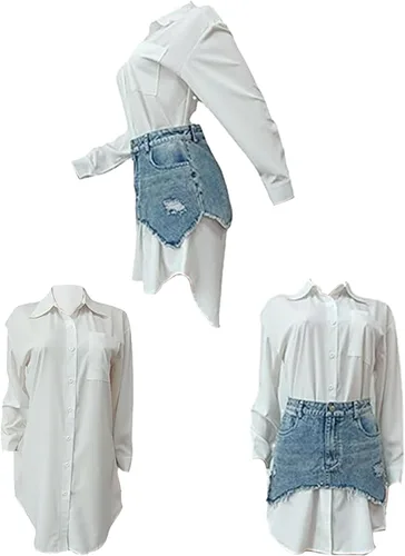 Vista 5 de Conjunto sexy de 2 piezas para mujer, con botones, manga larga, mini, camisa, falda de mezclilla