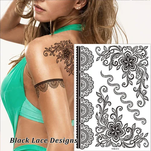 Vista 4 de 6 hojas de tatuajes temporales de henna negra para mujeres y niñas, calcomanías de tatuaje falsas de encaje, misterioso, sexy, mandala, flor, diseño