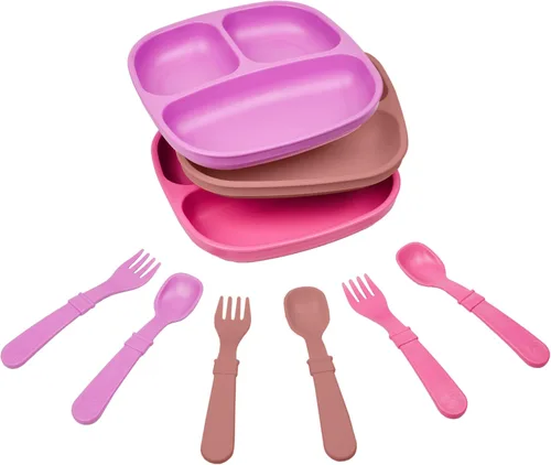 Vista 9 de Re-Play Juego de vajilla para niños pequeños, 3 platos divididos, 3 cuencos para aperitivos y 3 juegos de tenedores y cucharas, vajilla para niños
