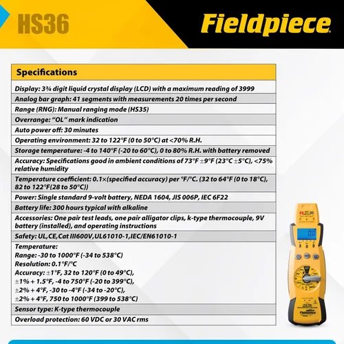 Vista 3 de Fieldpiece HS36 True RMS Multímetro con varilla expandible con oscilador automático y luz trasera
