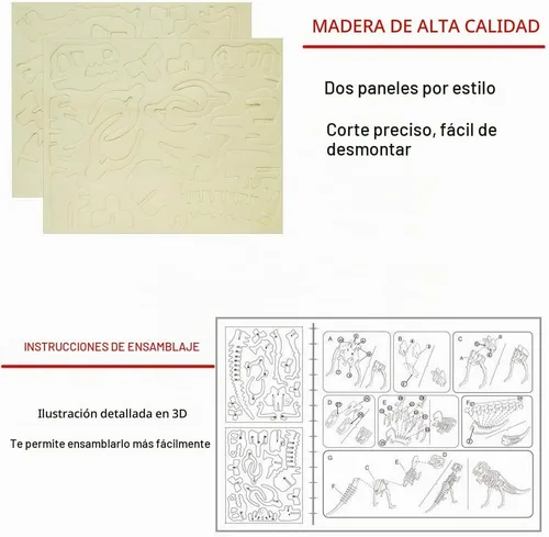Vista 6 de Rompecabezas de dinosaurio de madera 3D, juego de 6 piezas de rompecabezas de esqueleto de dinosaurio de madera, rompecabezas 3D de manualidades