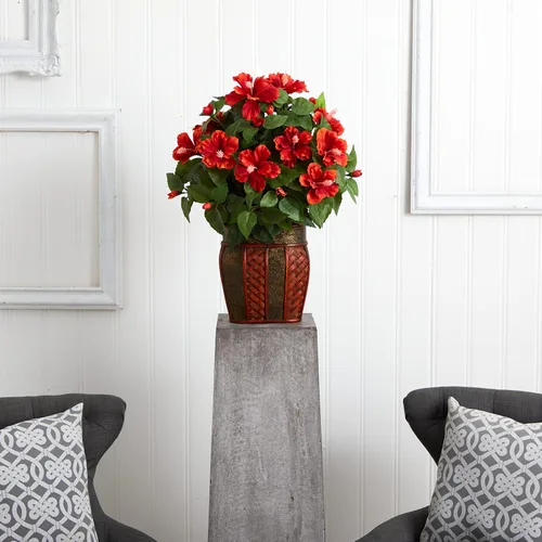 Vista 2 de Nearly Natural 6667 Hibisco con jarrón decorativo de seda, rojo 24 x 24 x 19 pulgadas