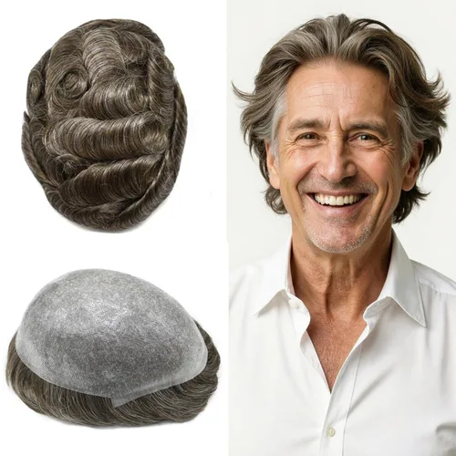 Vista 64 de Tupé de piel ultra fina para hombres pieza de cabello humano real sistema de reemplazo 0.002 in Mens Toupee Hairpiece para hombres V-Loop 8x10 80%