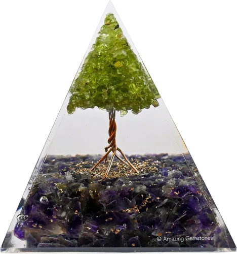 Vista 6 de Orgonita Amazing Gemstone Orgón Pirámide Extra Grande 105 MM - Pirámide de Energía de Orgón con Cristales de Amatista, Árbol de Peridoto y Piedra