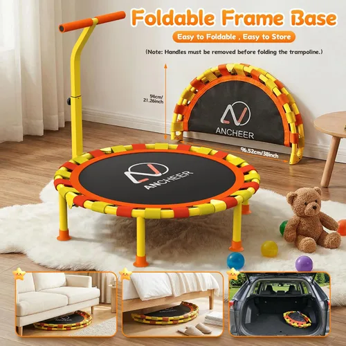Vista 6 de ANCHEER Trampolín infantil de 38 pulgadas, mini trampolín de capacidad de 150 libras para niños de 1 a 6 años, mango ajustable, plegable y fácil