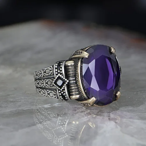 Vista 3 de Anillo de plata de ley 925 con diseño de cadena bizantina con piedra de amatista para hombre, hecho a mano para hombre, anillo de piedra amatista