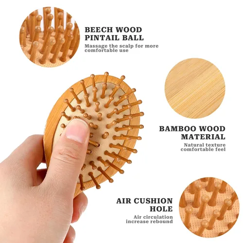 Vista 2 de Mini cepillo de bambú para el crecimiento del cabello, cepillo masajeador de madera natural con diseño de mango y pasadores de madera redondos