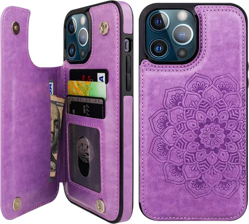 Vista 10 de Vaburs Funda compatible con iPhone 13 Pro Max con tarjetero y diseño de mandala en relieve, de piel sintética, doble botones, a prueba de golpes