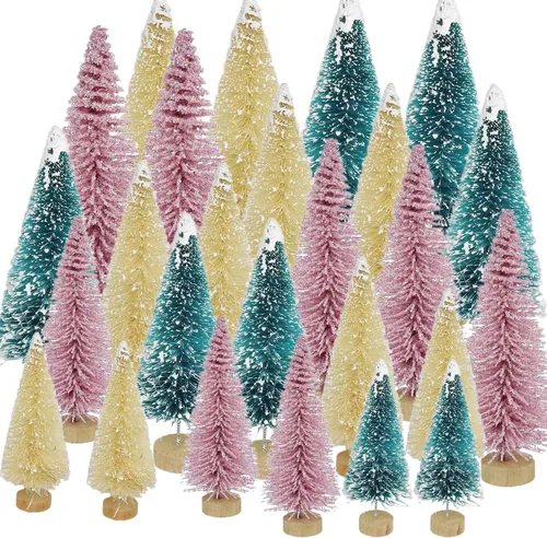 Vista 14 de 24 piezas de árboles de cepillo para botellas, decoración de Navidad, mini árbol de Navidad blanco con base de madera, árbol de pino de sisal
