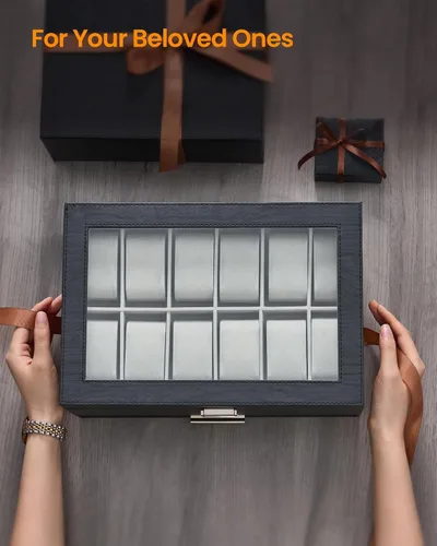 Vista 3 de Hzuaneri Caja de reloj, regalos de Navidad, caja de reloj de 12 ranuras con tapa de vidrio, caja de joyería extraíble, organizador de caja