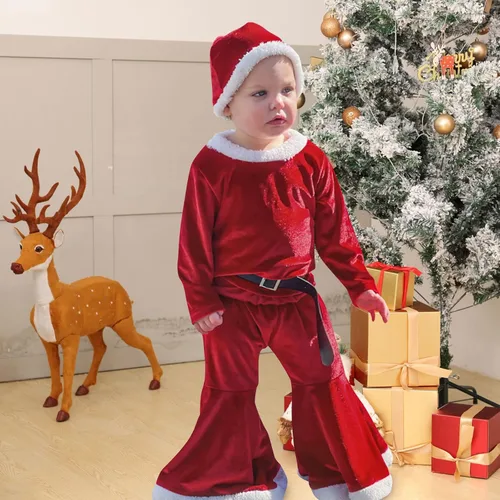 Vista 2 de Goodstoworld Baby Girls Boys 0-5 Years Christmas Outfit Toddler Xmas Santa Costume Long Sleeve Tops with Pants Hat 3 Pcs Set