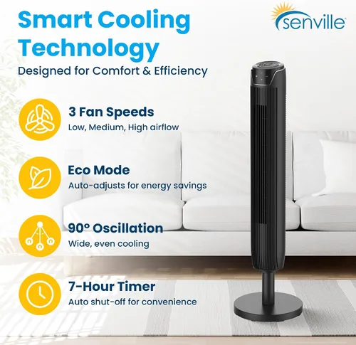 Vista 7 de Senville Ventilador de torre oscilante de 42 pulgadas para dormitorio, control remoto, sin aspas, silencioso, 3 modos, temporizador de 7 horas