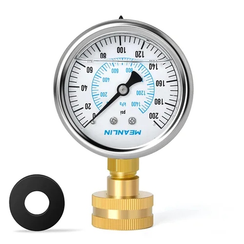 Vista 11 de MEANLIN MEASURE Manómetro de presión de 0~200 Psi con marco de acero inoxidable, rosca hembra de 3/4", relleno de líquido, kit con 5 adaptadores