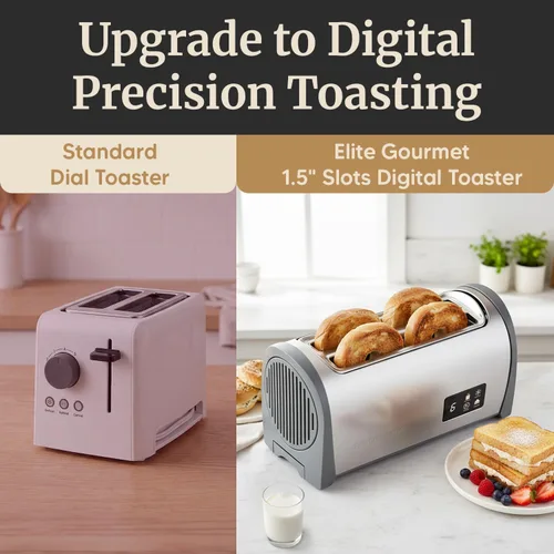 Vista 2 de Nuevo Elite Gourmet ECT4200D Tostador Digital de Ranura Larga de 4 Rebanadas, Pantalla Táctil, 6 Tonos de Tostado, Funciones de Descongelar