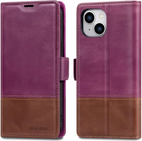 Vista 8 de KEZiHOME Funda para iPhone 15, de piel auténtica, bloqueo RFID, carcasa interior de TPU, cierre magnético, ranura para tarjetas, a prueba de golpes