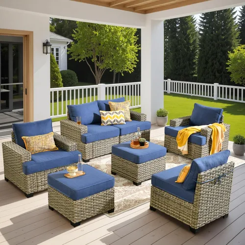 Vista 54 de HOOOWOOO Juego de Muebles Seccionales para Patio al Aire Libre, 6 Piezas Juegos de Conversación de Mimbre Sofá en Forma de L, Sofá Extra Profundo