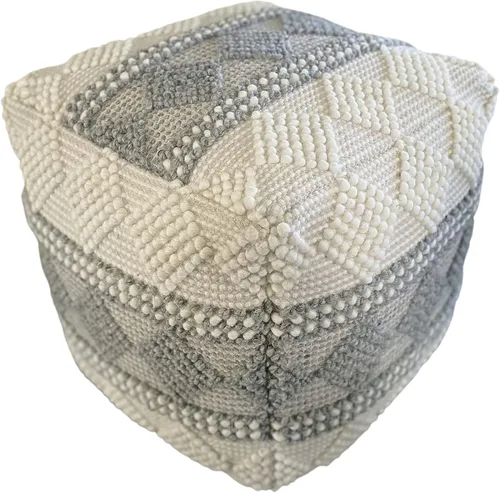 Vista 3 de NOORI HOME – Premium hecho a mano y hecho a mano, cómoda y moderna lana cuadrada de aliados de diamantes, color gris marfil, puf otomano