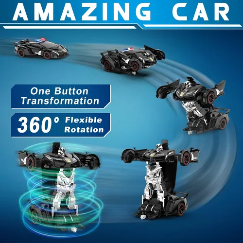 Vista 2 de FDJ - Auto a control remoto que se transforma en robot, transformación con un botón a robot con luz intermitente, juguete de policía para niños