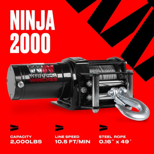 Vista 2 de Warrior Winches Ninja 2000 libras - Cabrestante eléctrico premium de 12V para ATV/UTV con cable de acero, compacto y potente de 12 voltios - Viene