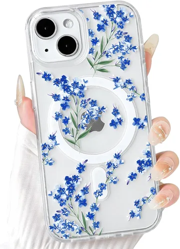 Vista 21 de NITITOP Funda magnética transparente compatible con iPhone 14 Plus/15 Plus, compatible con MagSafe lindas flores, hojas florales para mujeres