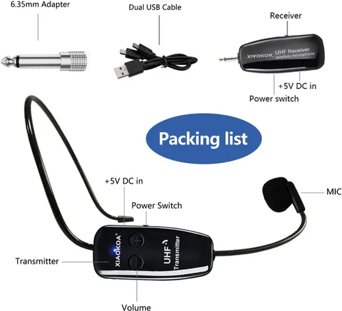 Vista 7 de Auriculares inalámbricos UHF con micrófono: Sistema de micrófono de cabeza inalámbrico, micrófonos con carga USB-C, rango de 164 pies
