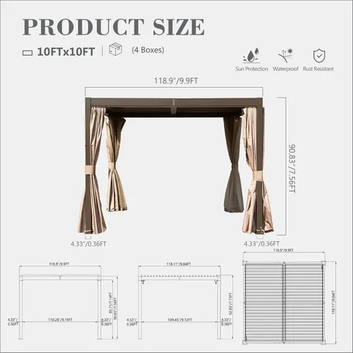Vista 2 de Domi - Pérgola de aluminio para exteriores de 10 x 10 pulgadas con cortinas y malla Marrón oscuro