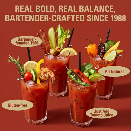 Vista 3 de Demitri's Bloody Mary Mixes - Paquete variado de 8 onzas, juego de 4 Classic Receipe, Extra Horseradish, Chillies & Pepper, Chipotle habañero