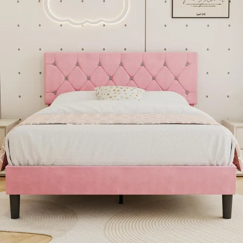 Vista 19 de VECELO Base de cama tamaño individual con plataforma tapizada con cabecera ajustable de botones de diamante, soporte de listones de madera,