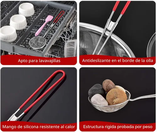 Vista 3 de Cucharón de acero inoxidable 304 para cocinar y freír, utensilios de cocina, cuchara de pasta de alambre