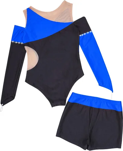 Vista 25 de JEATHA Conjunto de 2 piezas de leotardo de gimnasia de manga larga con hombros descubiertos y pantalones cortos atléticos para niñas