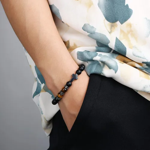 Vista 3 de Pulseras de cruz para hombres, piedra natural, ojo de tigre, pulsera elástica para mujeres y hombres, alivio del estrés, confirmación, regalo
