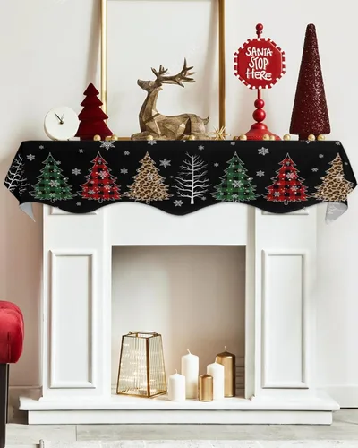Vista 5 de Bufanda de manto de 90 x 17 pulgadas, diseño de rejilla de búfalo negro de Navidad, árbol de Navidad, chimenea, mantel, cubierta de mantel