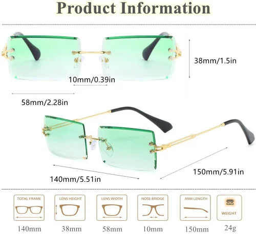 Vista 4 de BAWUYI Gafas de sol rectangulares sin montura de los años 90 y 2000 para mujeres y hombres, accesorios Y2K, vintage, retro, sin marco, gafas