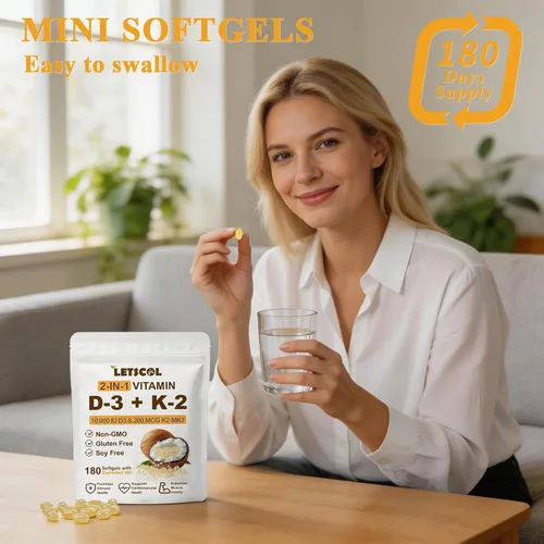Vista 5 de Suplemento de vitamina D3 K2 2 en 1 Softgel, vitamina D3 10000 UI y vitamina K2 200 mcg, K2 MK7 con suplemento de vitamina D3 que apoya la salud