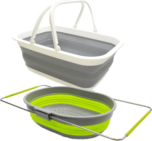 Vista 8 de SAMMART Bañera plegable de 9.2 L (2.37 galones) con asa y colador ovalado sobre el fregadero de 5 litros (verde azulado (cesta) + gris (colador))