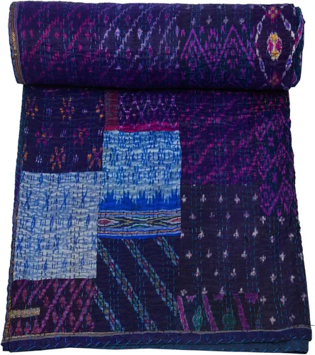 Vista 12 de Marubhumi Colcha india hecha a mano de seda india Sari Kantha acolchado patchwork (negro, individual (60 x 90 pulgadas)