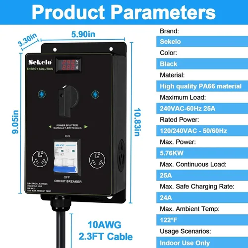 Vista 7 de Interruptor manual de carga EV para secadora y vehículos eléctricos, NEMA 10-30, 240V, 24A 5.76kW potencia máxima divisor, con interruptor