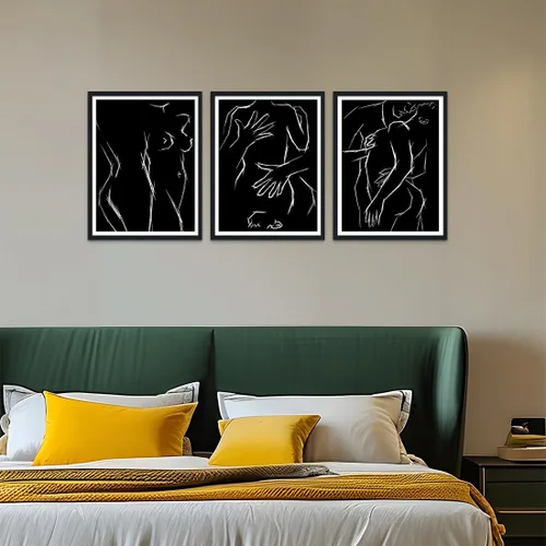 Vista 3 de Novatique 3 piezas de arte de pared sexy en blanco y negro para parejas desnudas, decoración de pared abstracta de amor para mujeres y hombres, arte