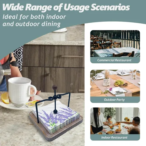 Vista 7 de Servilletero de madera rústica para mesa, decoración de mesa de cocina de granja, servilletero plano con brazo y asa con peso para el hogar, cocina