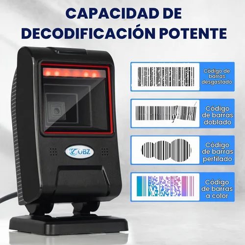 Vista 3 de OBZ Escáner de código de barras de escritorio manos libres, lector de código QR omnidireccional 1D 2D con cabezal de escaneo ajustable, escáner